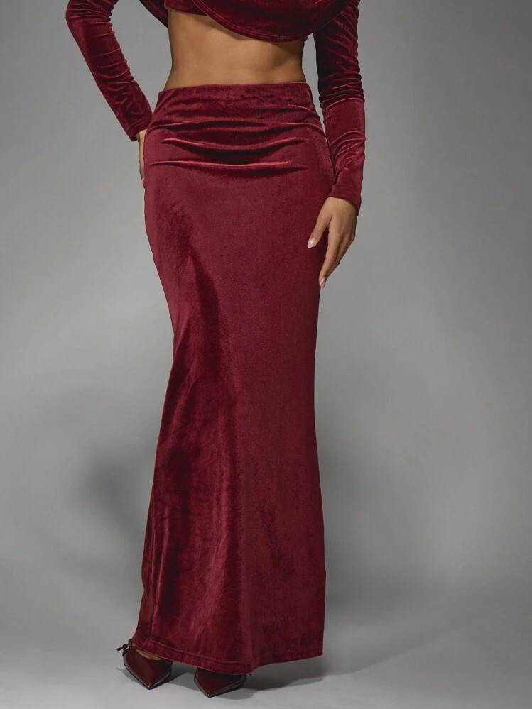 MISSGUIDED Velvet Low Rise Ruched Waist Fishtail Maxi Skirt | SHEIN