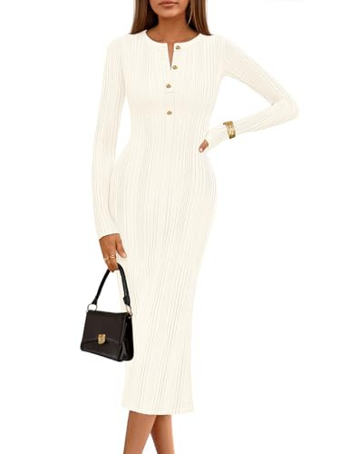 MEROKEETY Women's Bodycon Sweater Dress 2025 Fall Winter Long Sleeve Button Crew Neck Ribbed Knit... | Amazon (US)