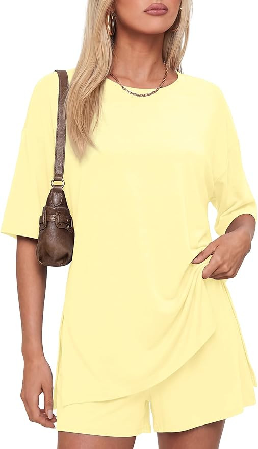 Darong Women's 2 Piece Lounge Set Short Sleeve Boxy T-shirt & Shorts Comfywear Summer Pajama Set ... | Amazon (US)