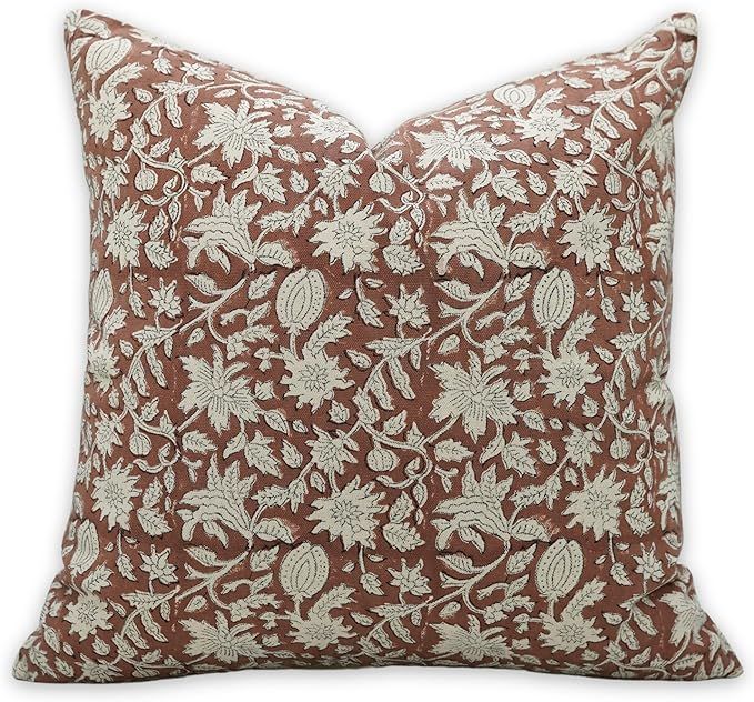 Block Print Cotton Pillow Cover Brown 18x18 Throw Pillow Decorative Handmade Spring Fall Decor fo... | Amazon (US)