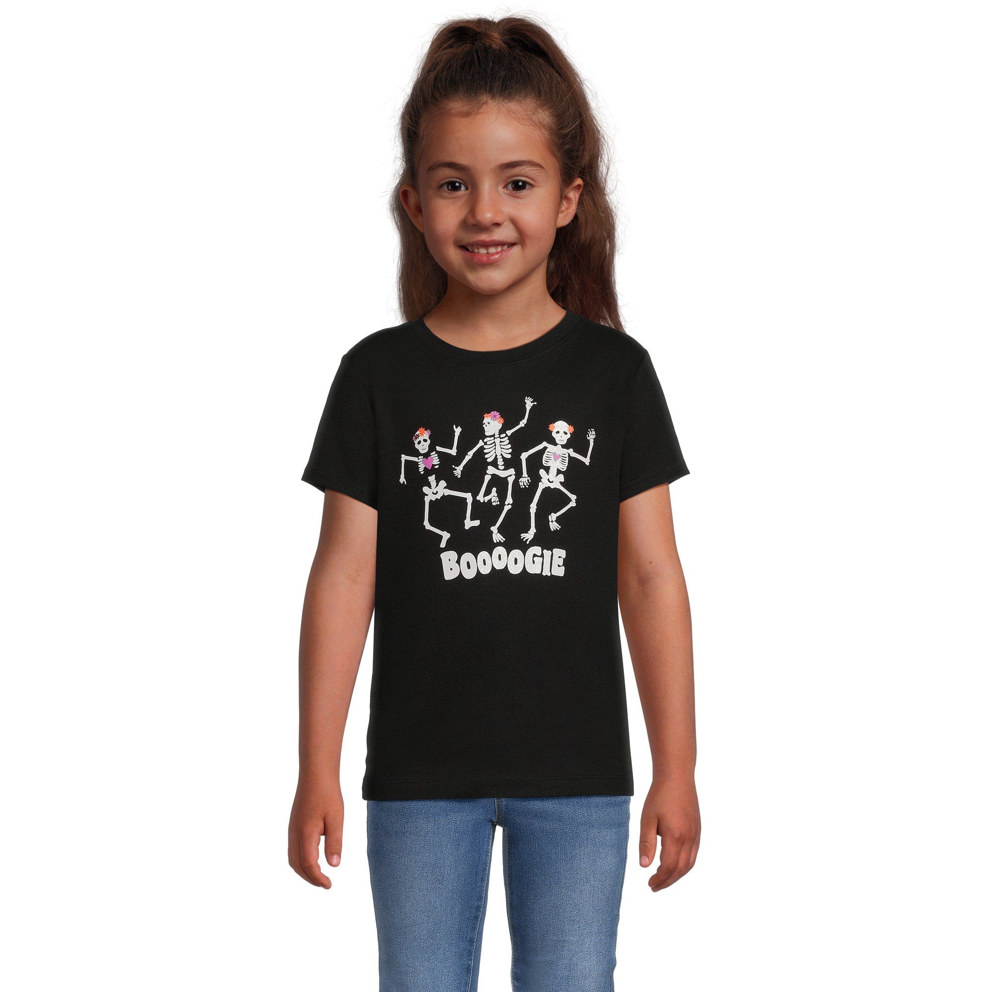 Wonder Nation Girls Halloween Dancing Skeletons Short Sleeve T-Shirt, Sizes 4-18 | Walmart (US)