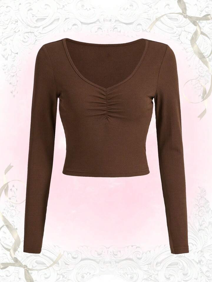 Sweetness Solid Ruched Ribbed Tee | SHEIN