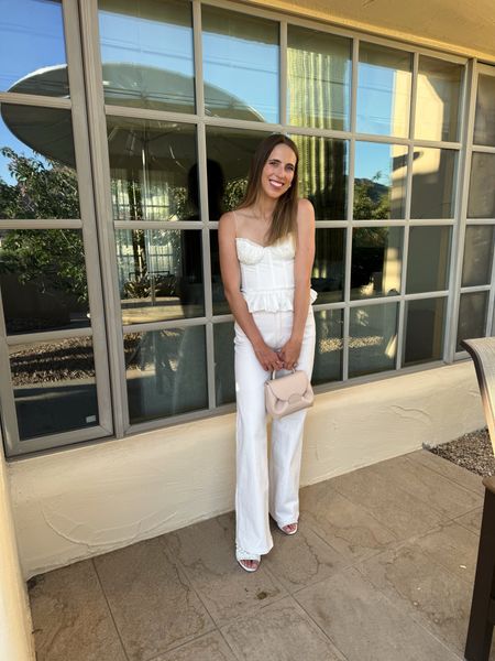 Outfit 3 from our trip to Scottsdale! 
fashion, style, all white outfit, night out outfit, date night outfit, en saison top, white trousers, white heels, hand bag, pearl huggie earrings 

#LTKBeauty #LTKShoeCrush #LTKStyleTip