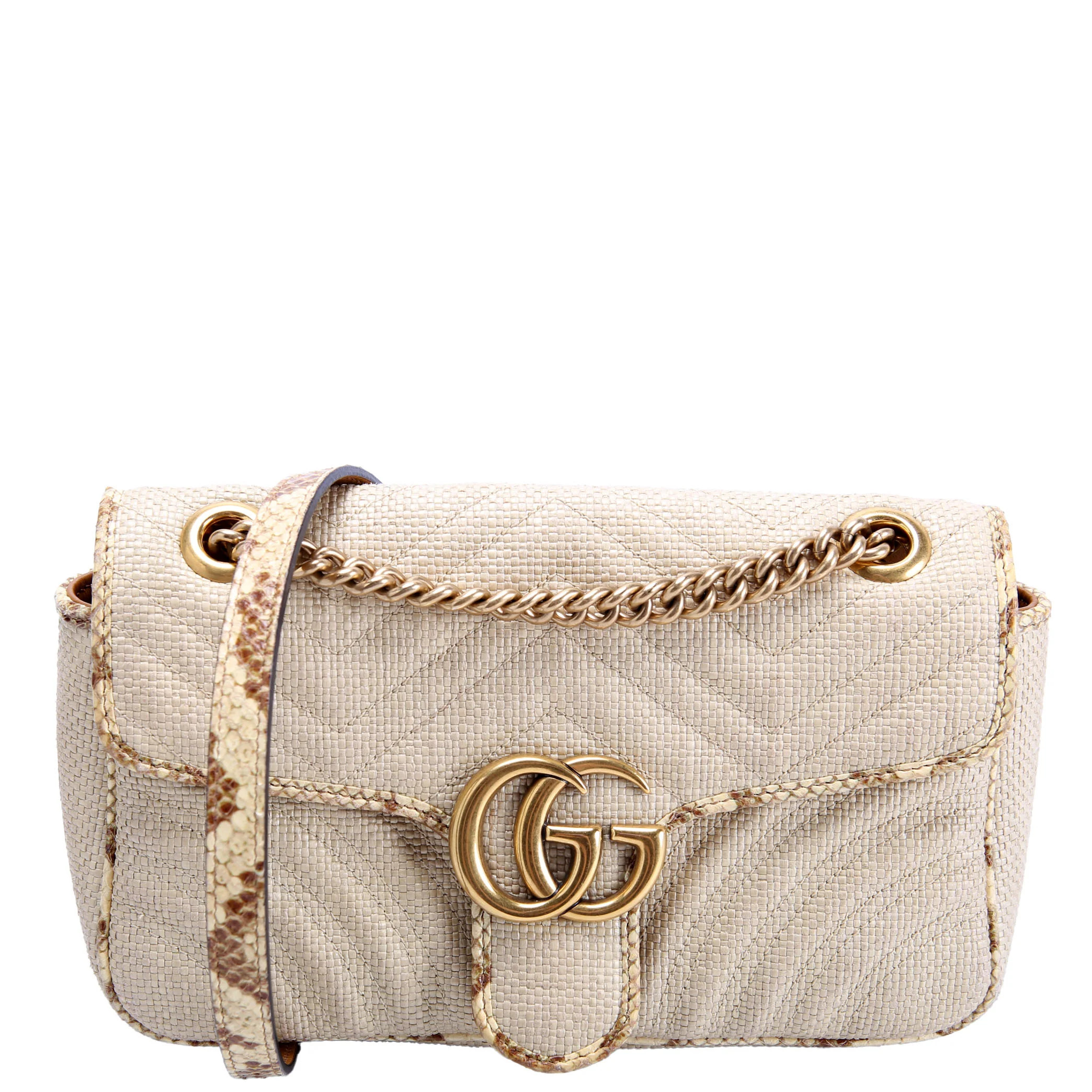 443497 Marmont GG Raffia/Snakeskin Shoulder Small Flap Beige | Keeks Designer Handbags