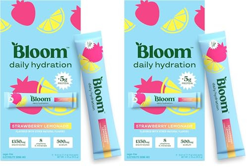 Bloom Daily Hydration Electrolyte Powder Packets with Collagen, 5g Protein, Electrolytes, Vitamins & Minerals, Sugar Free Drink Mix, Strawberry Lemonade, 5 Count (Pack of 2) | Amazon (US)