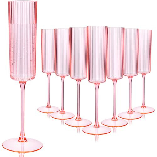 Joyido 36 Pack Pink Plastic Champagne Flutes - 6oz Ribbed Disposable Champagne Glasses - Clear Pink Vintage Mimosa Glasses with Long Stem Elegant & Lightweight for Wedding Party | Amazon (US)