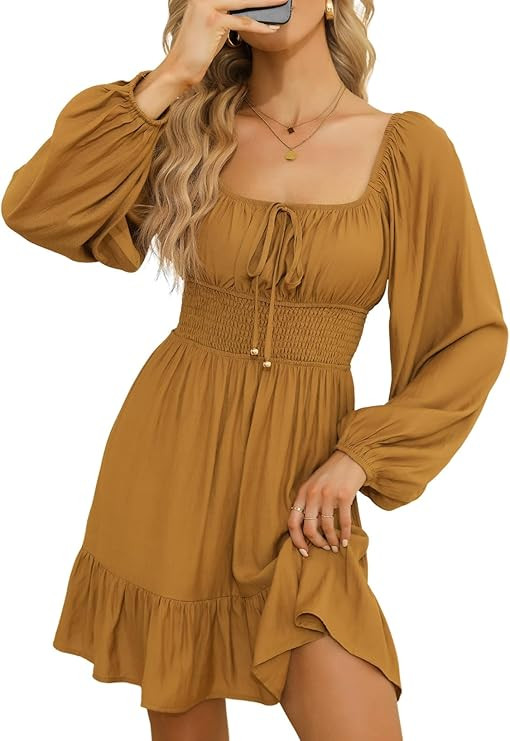 Dokotoo Womens Dresses Square Neck Long Puff Sleeve Elastic Waist A-Line Casual Mini Dress | Amazon (US)