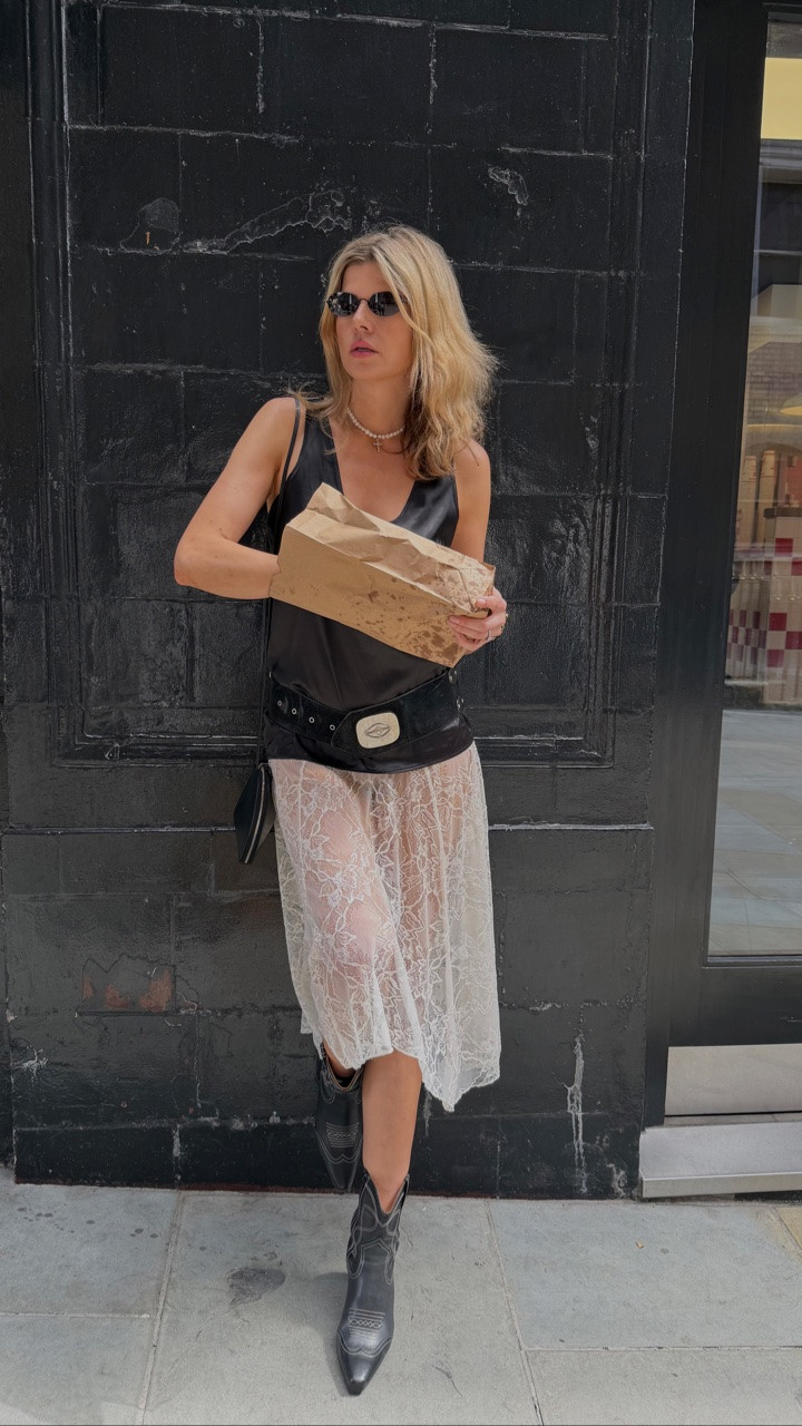 Silk vest, satin top, black top, lace skirt, midi skirt, low waist belt, bared footwear, alaia bag, summer outfit, festival outfit

#LTKfestival #LTKsummer #LTKeurope