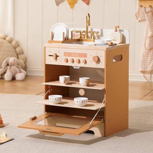 ROBOTIME Wooden Toy Dishwasher Sink – Caramel Pretend Kitchen Toy with Gold Faucet, Turning Knobs, Dish Rack, Plates, Bowls, Cups – Montessori Wooden Play Kitchen for Girls Ages 3+ | Amazon (US)