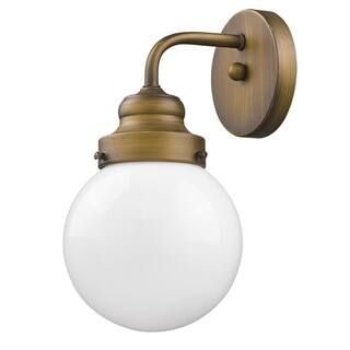 Portsmith 1-Light Raw Brass Sconce with White Globe Shade | The Home Depot