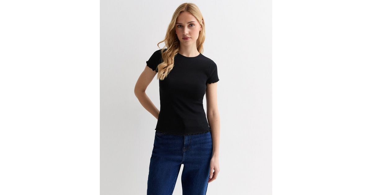 Black Ribbed Frill Hem T-Shirt | New Look | New Look (UK)