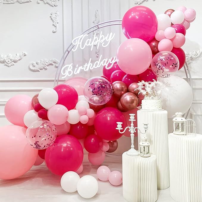 SANERYI Pink Balloons Garland Arch Kit 140pcs Hot Pink and White Confetti Balloons for Girls Prin... | Amazon (US)