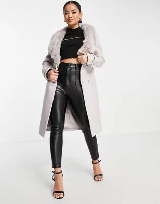Ever New Petite wrap tie coat with faux fur collar in mink | ASOS (Global)