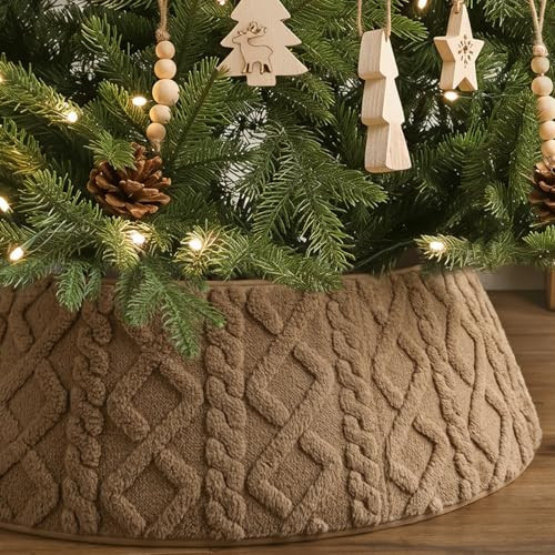 Christmas Tree Collar, Neutral Rustic Plush Faux Fur Tree Collar with Crossed Diamond Textured Pattern, Farmhouse Soft Xmas Tree Ring Tree Skirt for Holiday Decorations Christmas Home Decor, Brown | Amazon (US)