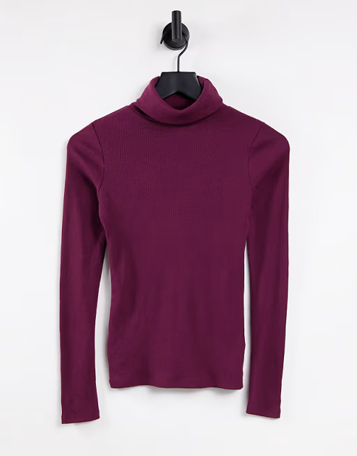 New Look ribbed roll-neck top in burgundy | ASOS (Global)