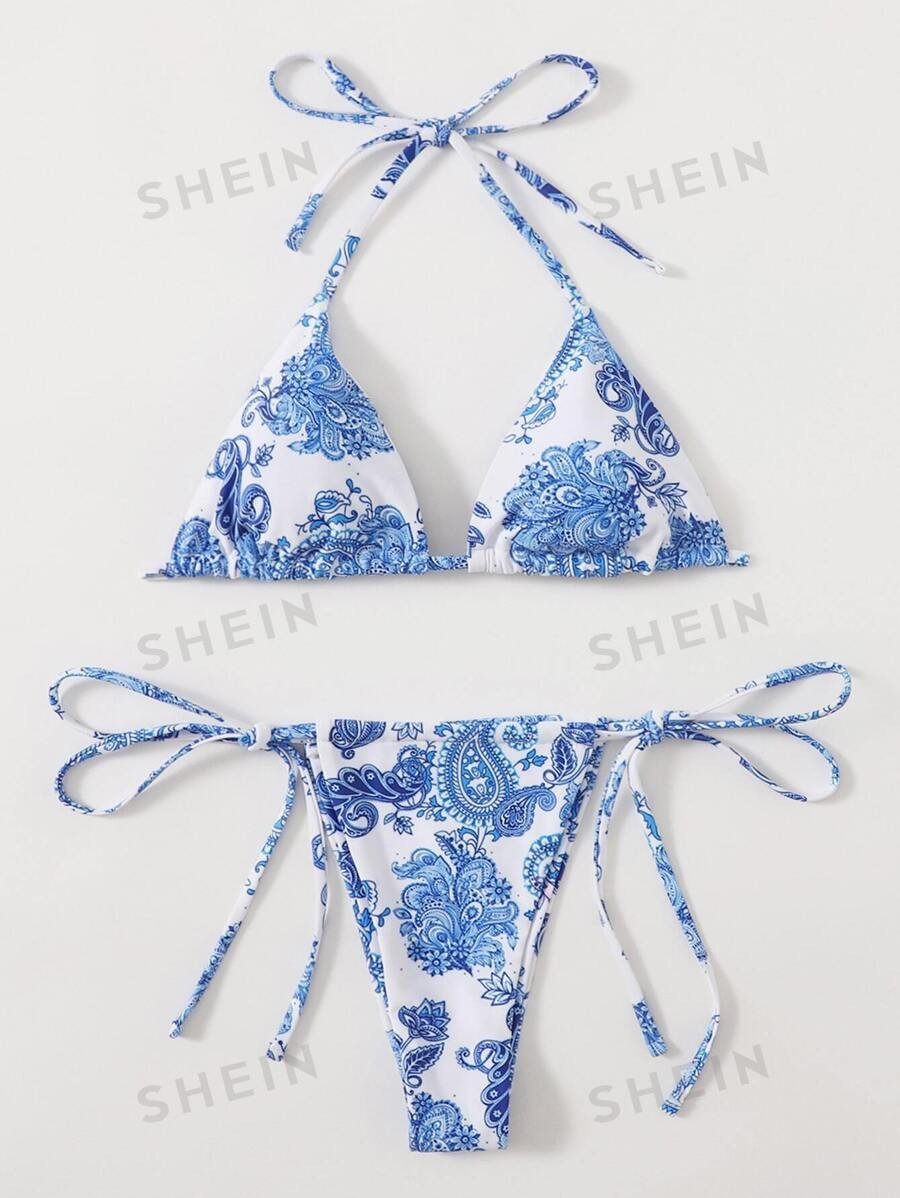 SHEIN Swim Summer Beach Floral & Paisley Bikini Set Triangle Halter Bra & Tie Side Thong 2 Piece ... | SHEIN