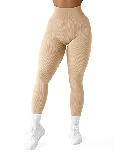 SUUKSESS Women Ribbed Seamless Leggings High Waisted Tummy Control Workout Yoga Pants (Khaki, L) | Amazon (US)