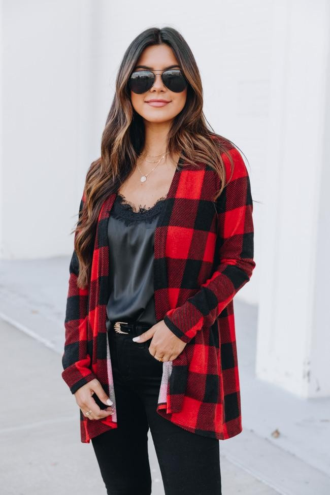 Winter Night Escape Buffalo Plaid Red/Black Cardigan | The Pink Lily Boutique