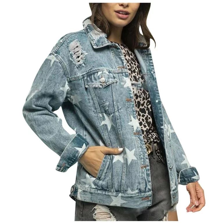 Distressed Jean Jacket Women Star Graphic Print Jackets Trendy Cut Out Light Blue Jean Jacket Lap... | Walmart (US)