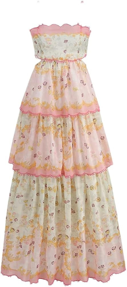 Women's Backless Suspender Waist Cake Long Dress Summer Hollow Suspender French Floral Dress | Amazon (US)