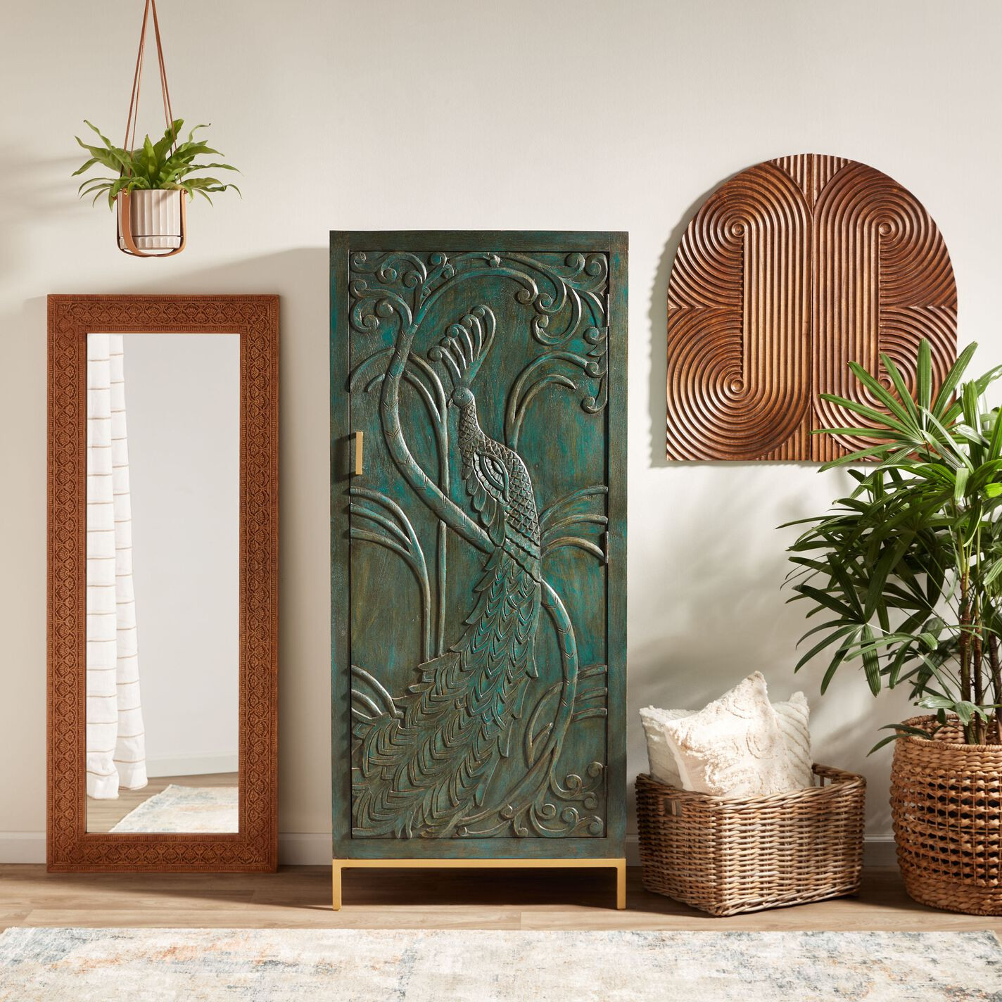 CRAFT Tall Teal Carved Wood Peacock Storage Cabinet | World Market