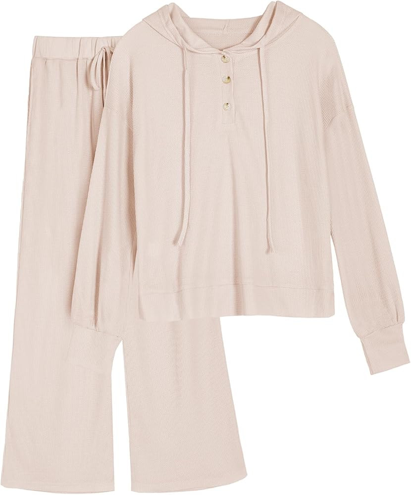 YKR Womens Loungewear Set 2 Piece Waffle Knit Lounge Sets Hooded Top and Wide Leg Pant Sweatsuits... | Amazon (US)