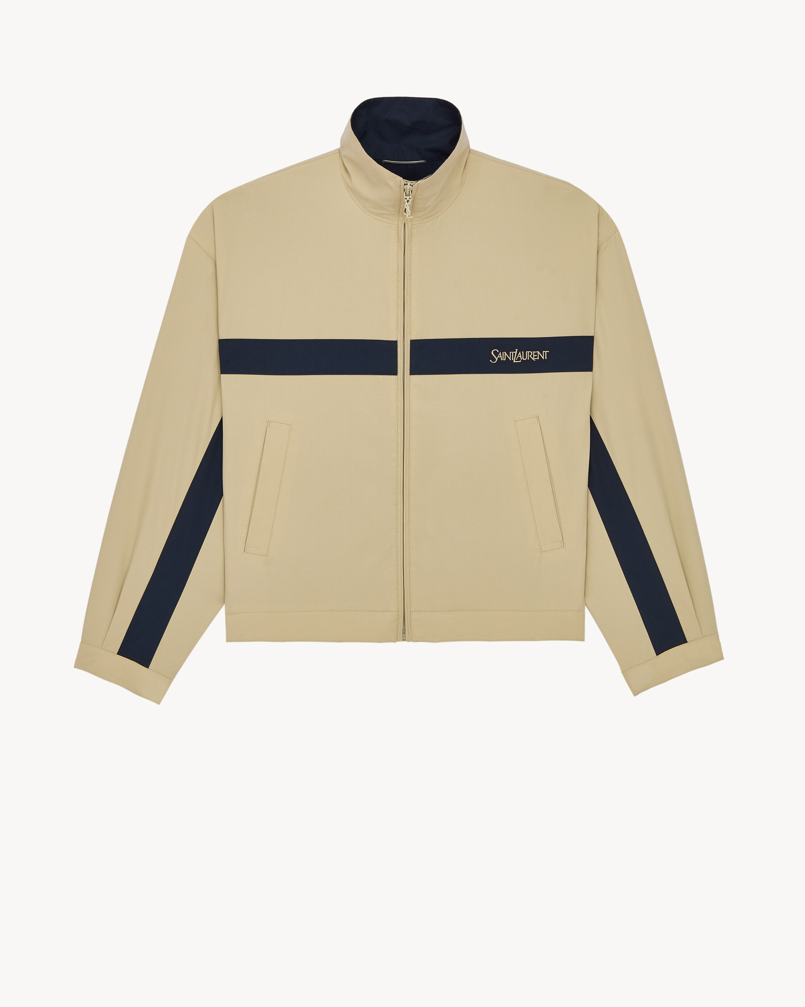 stand-collar jacket with a CASSANDRE zip pull, drop shoulders, and SAINT LAURENT embroidery at th... | Saint Laurent Inc. (Global)