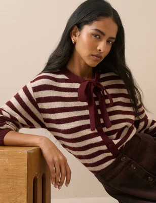 Burgundy and Cream Striped Tie Neck Cardigan | Nobody's Child