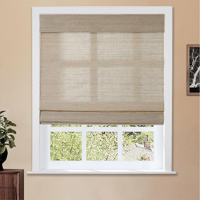 TWOPAGES Natural No Drill Roman Blind Custom Made Cordless Ramie Roman Shade Light Filtering Priv... | Amazon (US)