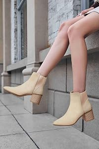 Coutgo Womens Pointed Toe Ankle Boots Elastic Chunky Block Stacked Mid Heel Slip On Chelsea Booti... | Amazon (US)