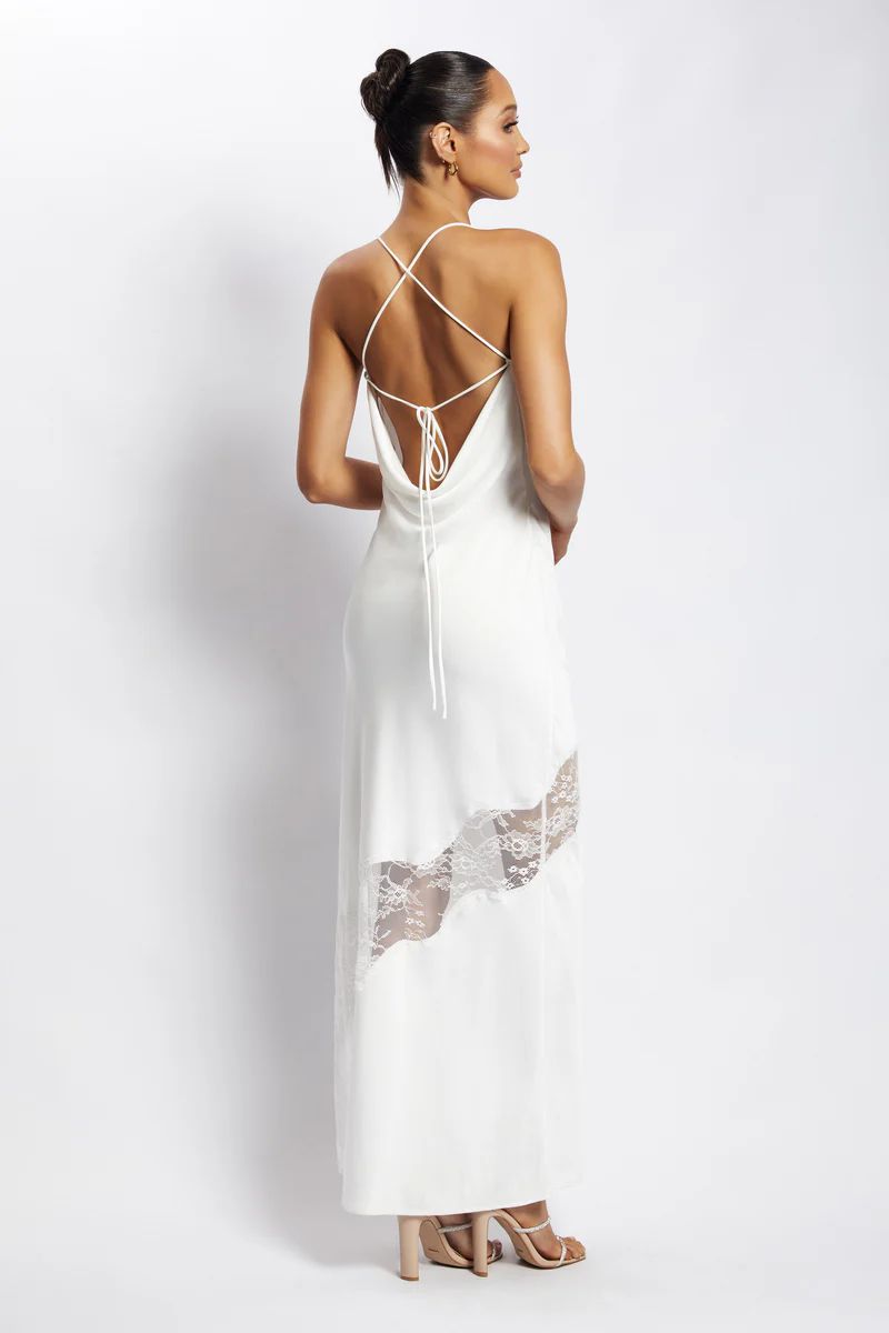 Chandra Lace Detail Satin Maxi Dress - White | MESHKI US