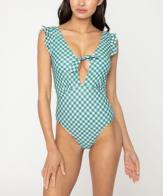 Marina West Women's One Piece Swimsuits Gingham - Forest Gingham Ruffle Tie-Accent Deep-V One-Piece  | Zulily