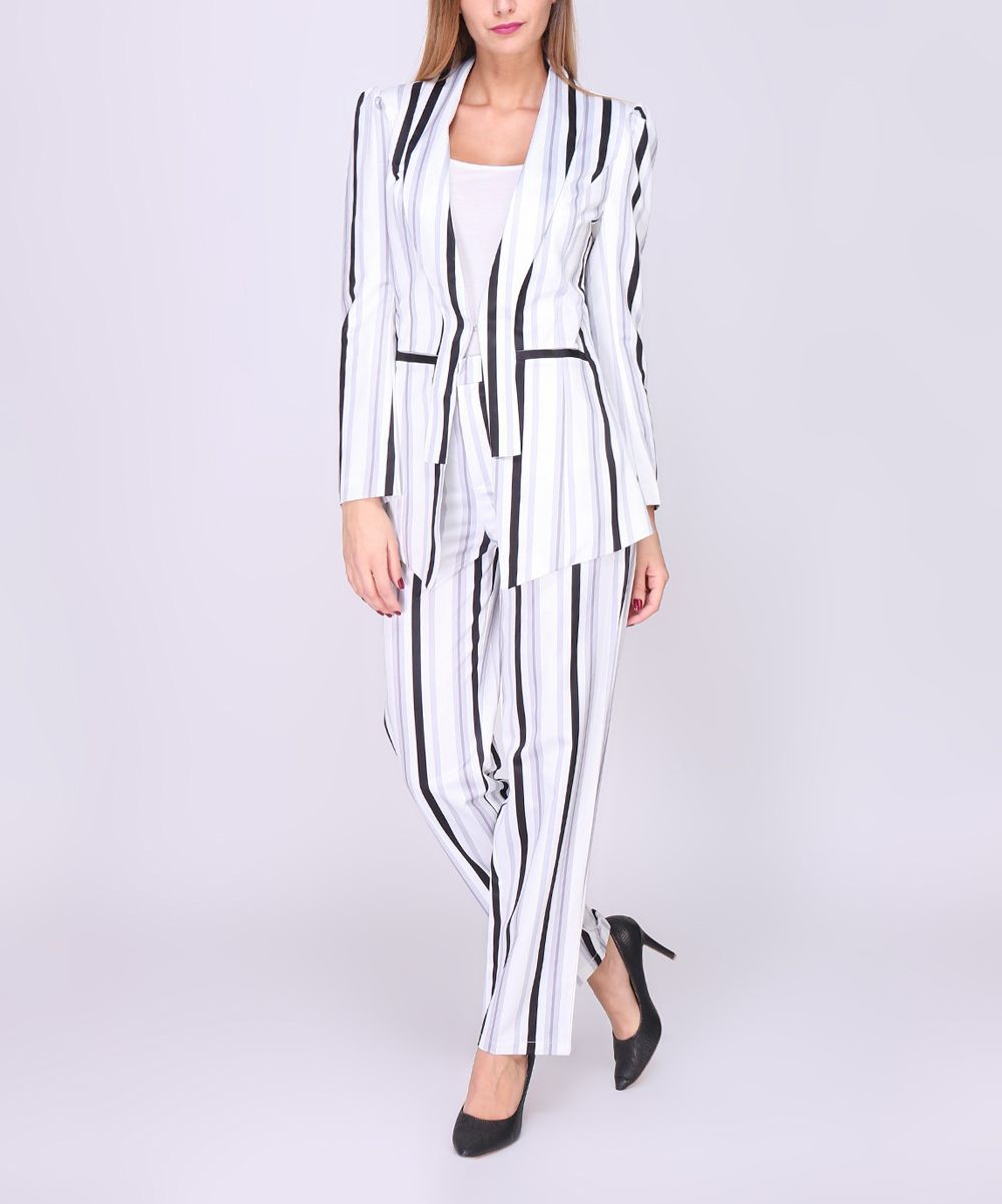 LAKLOOK Women's Pant Suits - White & Black Stripe Blazer & Pants - Women | Zulily