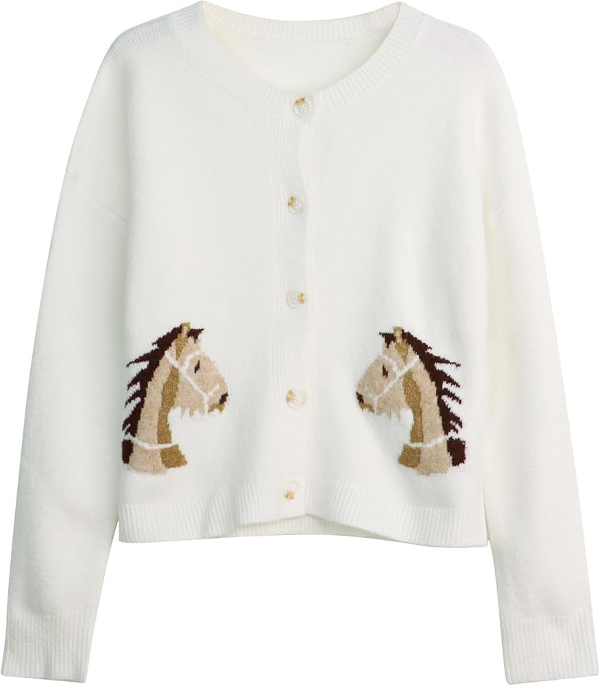 Women Horse Crop Cardigan Sweater Long Sleeve Casual Button Down Knit Jacket Fall Cute Graphic Ca... | Amazon (US)