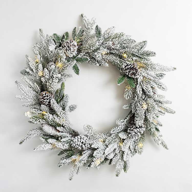 Pre-Lit Flocked Winter Pinecone Wreath | Kirkland's Home