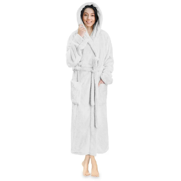 PAVILIA Women Hooded Plush Soft Robe | Fluffy Warm Fleece Sherpa Shaggy Bathrobe (S/M, White) - W... | Walmart (US)