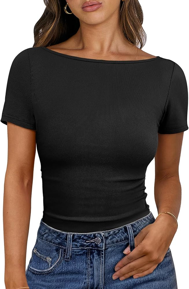 ANRABESS Women Boat Neck Tops Short Sleeve T-Shirts Ribbed Knit Tight Fitted Basic Tees Shirts 20... | Amazon (US)