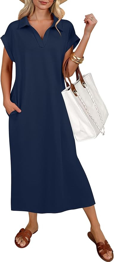 ANRABESS Womens Casual Midi Dresses, Polo V Neck Short Sleeve, Wrinkle-Free Fabric Loose Fit for ... | Amazon (US)