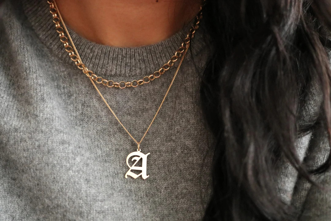 Old English Letter Necklace Custom Initial Necklace Large - Etsy Canada | Etsy (CAD)
