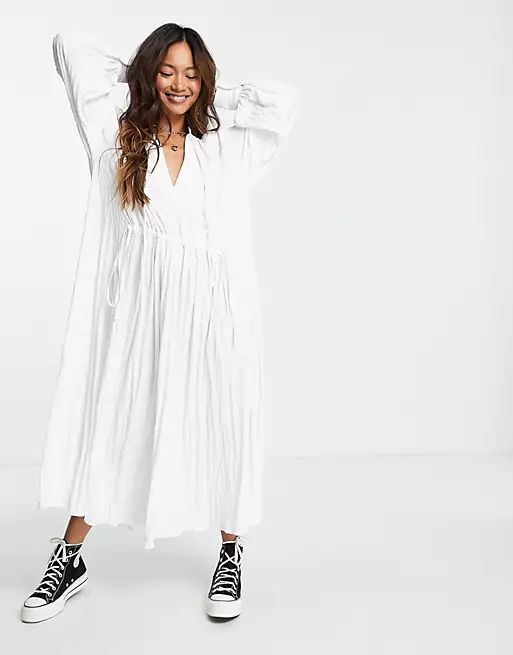 ASOS DESIGN textured midi smock dress with drawstring detail in white | ASOS (Global)