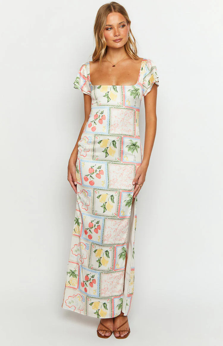 Nori White Satin Roma Print Maxi Dress | Beginning Boutique (US)