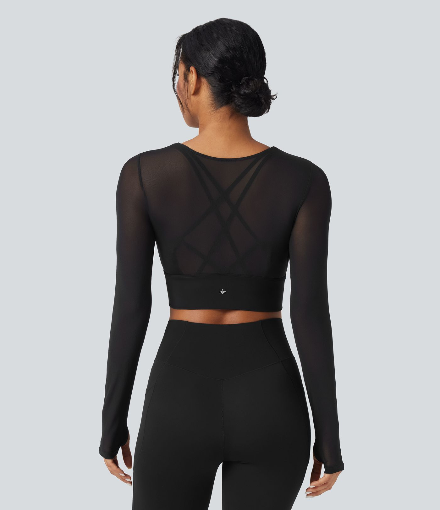 Women’s Contrast Mesh Long Sleeve Thumb Hole 2-in-1 Cropped Yoga Sports Top - Halara | HALARA