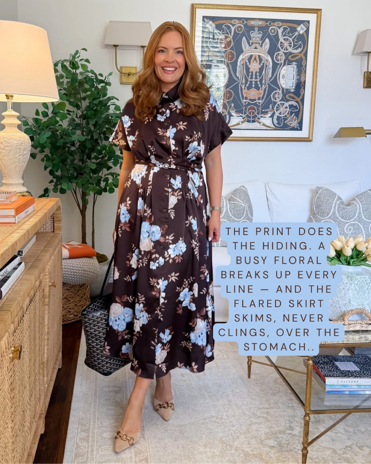 Wearing 6 in the dress
The print does the hiding 🤍 A busy floral breaks up every line while the flared skirt skims (never clings) over the stomach. The easiest mom-pooch-friendly fall dress for the office — one and done. Fall dresses, workwear for moms.
#FallWorkwear #MomStyle #OfficeOutfits #FallDresses

#LTKWorkwear