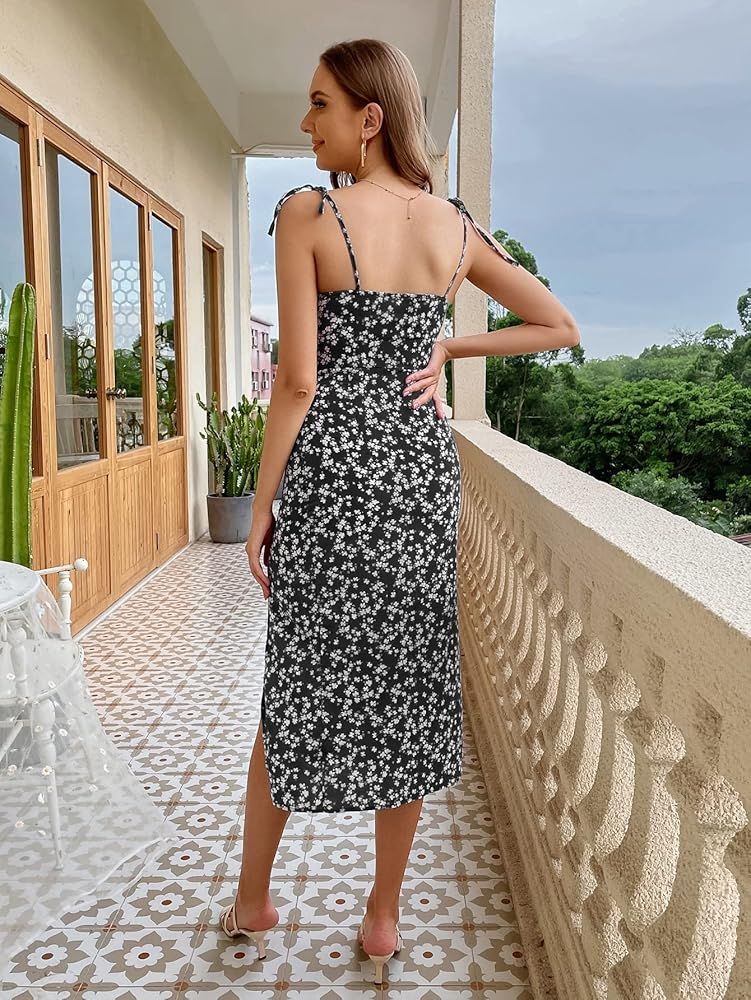 Floerns Women's Floral Tie Shoulder Sleeveless Split Thigh Cami Midi Dress | Amazon (US)