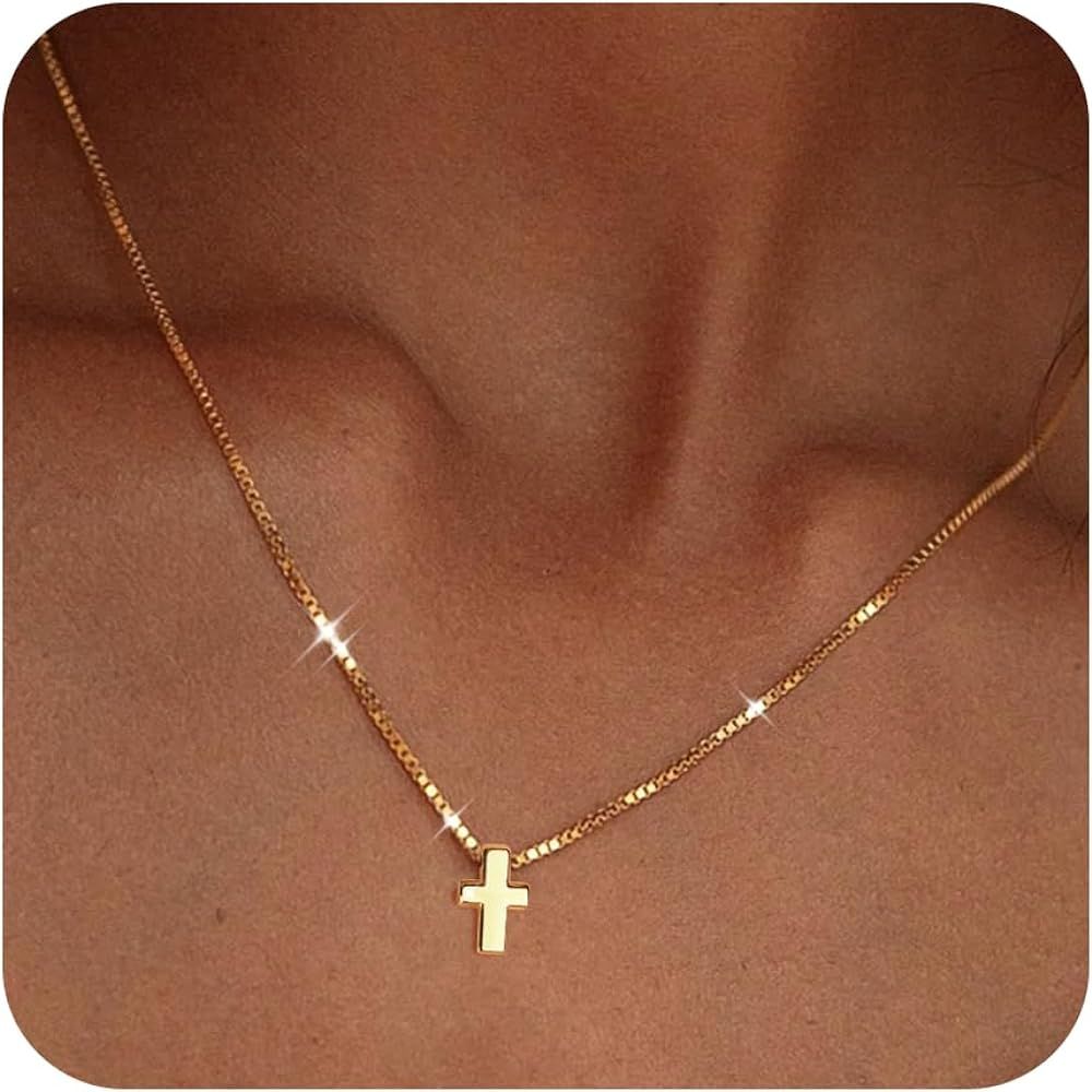 Poxtex Cross Necklace for Womens, 14K Gold Plated Dainty Gold Necklaces | Sterling Silver Small C... | Amazon (US)