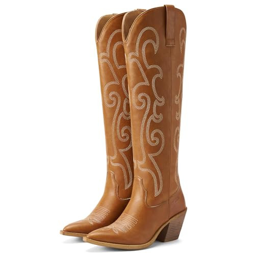 Rollda Cowboy Boots for Women Cowgirl Boots Embroidered Knee-High Western Boots Pointy Toe with Chunky Heel Brown W/Zipper Size 7.5 | Amazon (US)