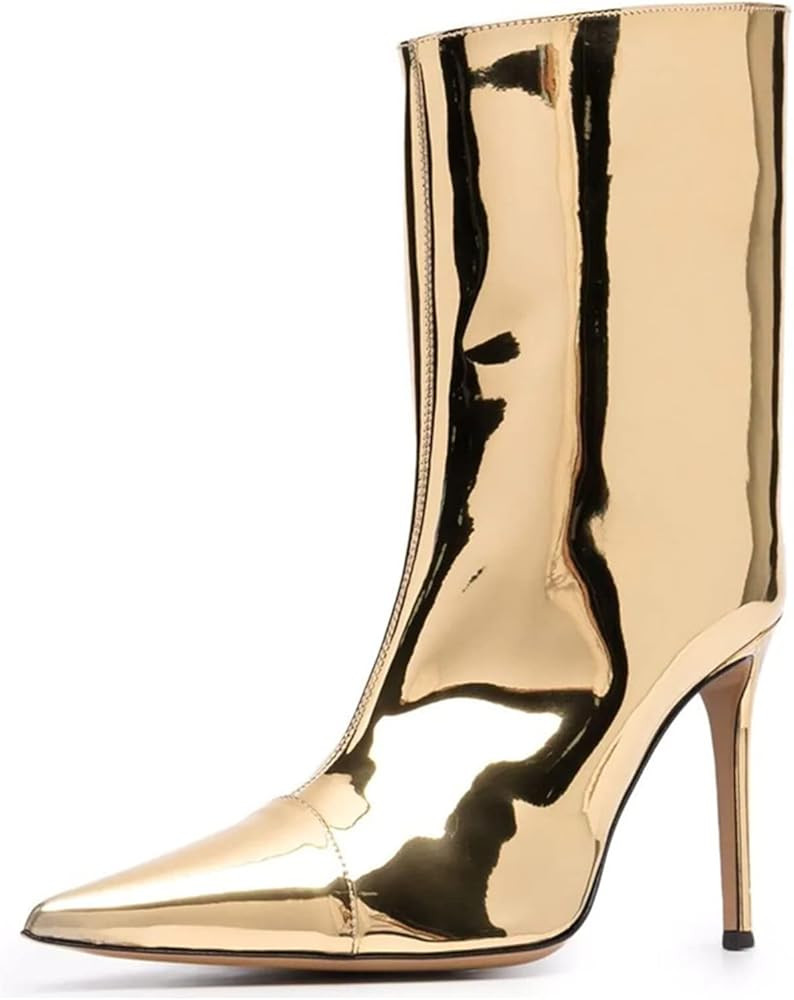Yolkomo Women's Knee High Boots Sexy Pointed Toe Stiletto High Heel Boots Metallic Leather Zipper Bo | Amazon (US)