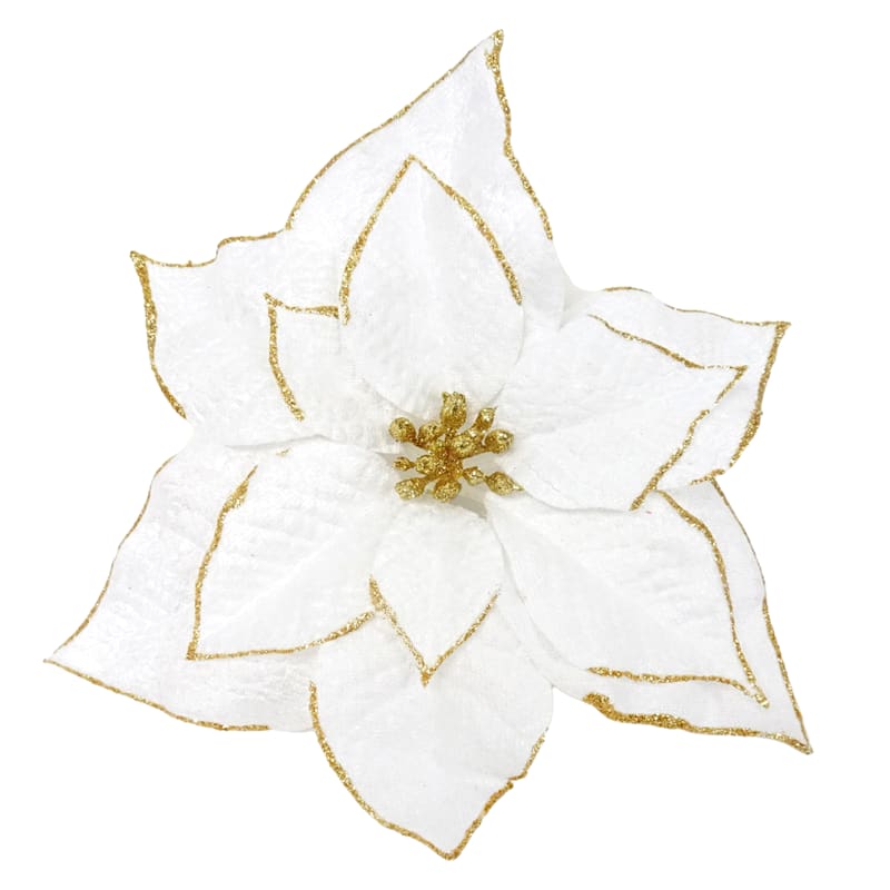 Gold White Fabric Poinsettia Clip Ornament, 8" | At Home