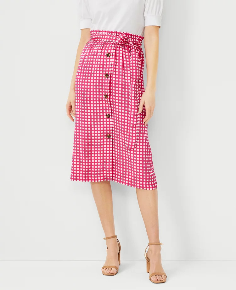 Gingham Tie Waist Button Front Midi Skirt | Ann Taylor (US)