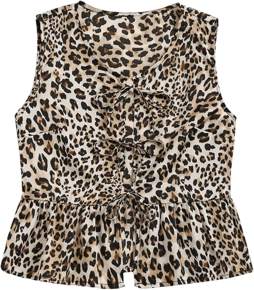 Milumia Women's Leopard Print Tie Front Vest Sleeveless Ruffle Hem Tank Tops | Amazon (US)